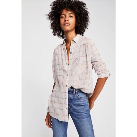 Free People Women’s Plaid Shirt Button Up Break My Stripe Long Sleeve Size Large - Picture 1 of 14